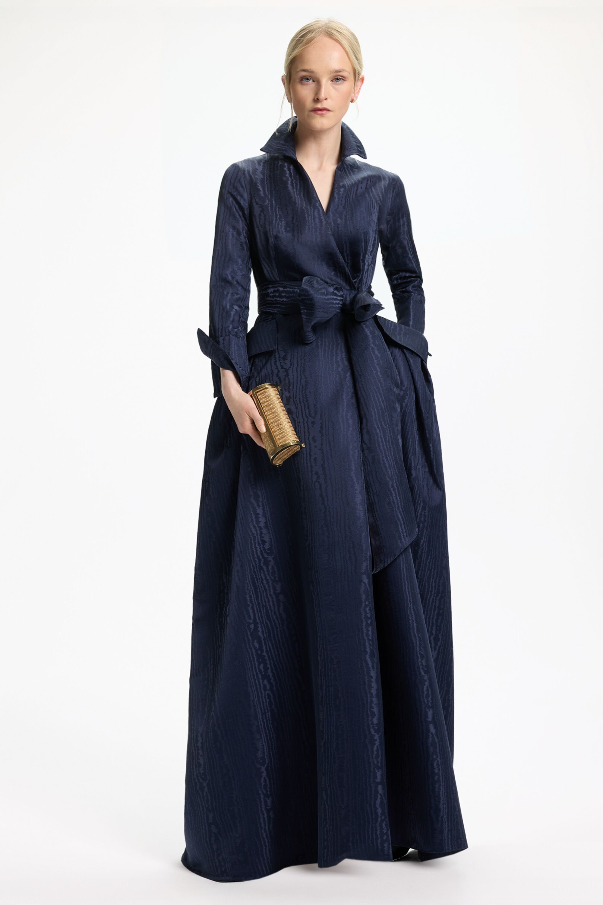Moire Long Dress Coat with Sash