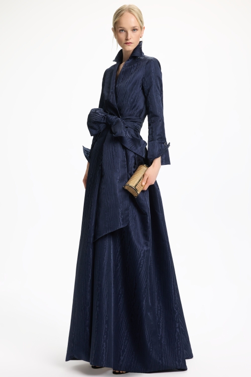 MOIRE LONG DRESS COAT WITH SASH