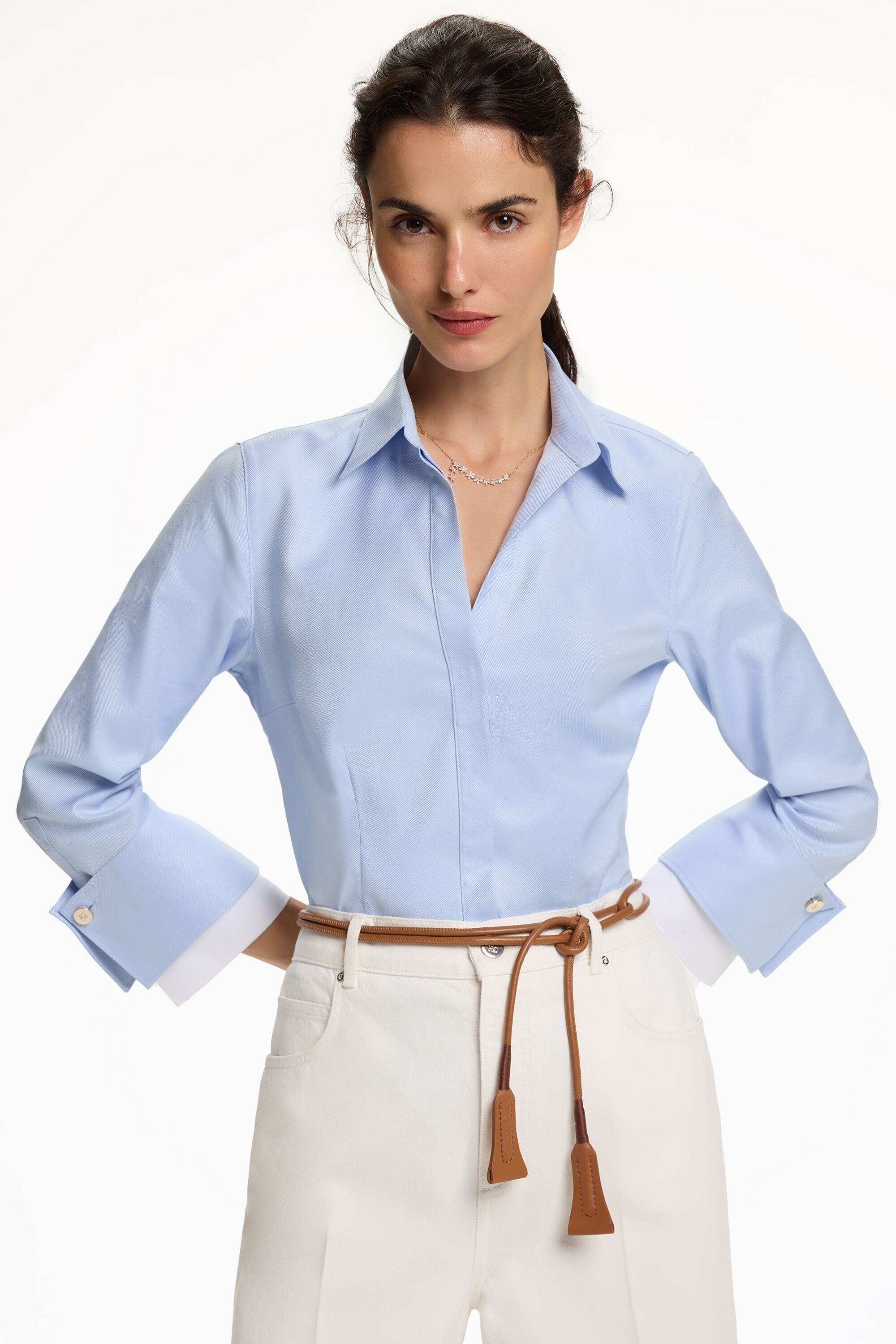 Cufflink-Detailed Twill Fitted Shirt with Double Cuffs sky blue