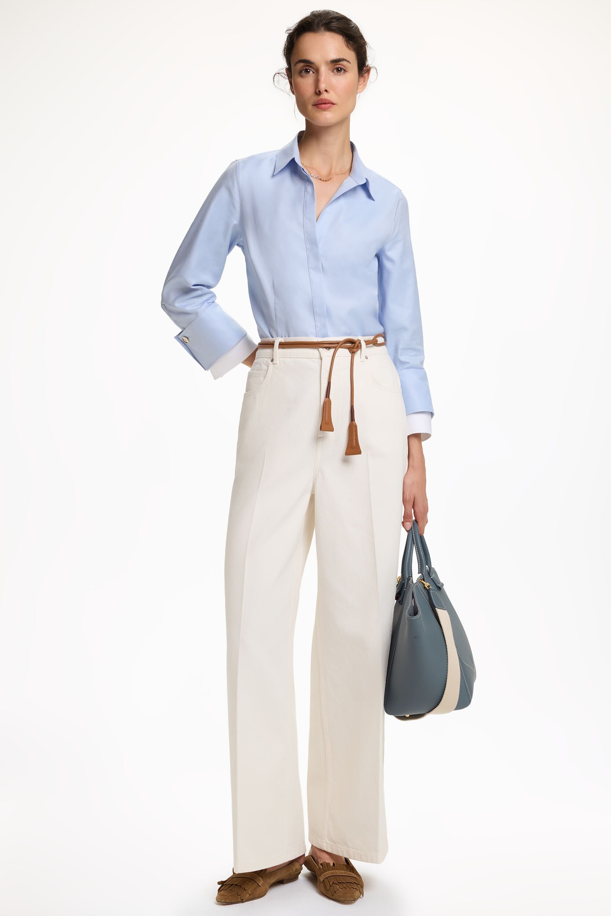 Cufflink-Detailed Twill Fitted Shirt with Double Cuffs sky blue