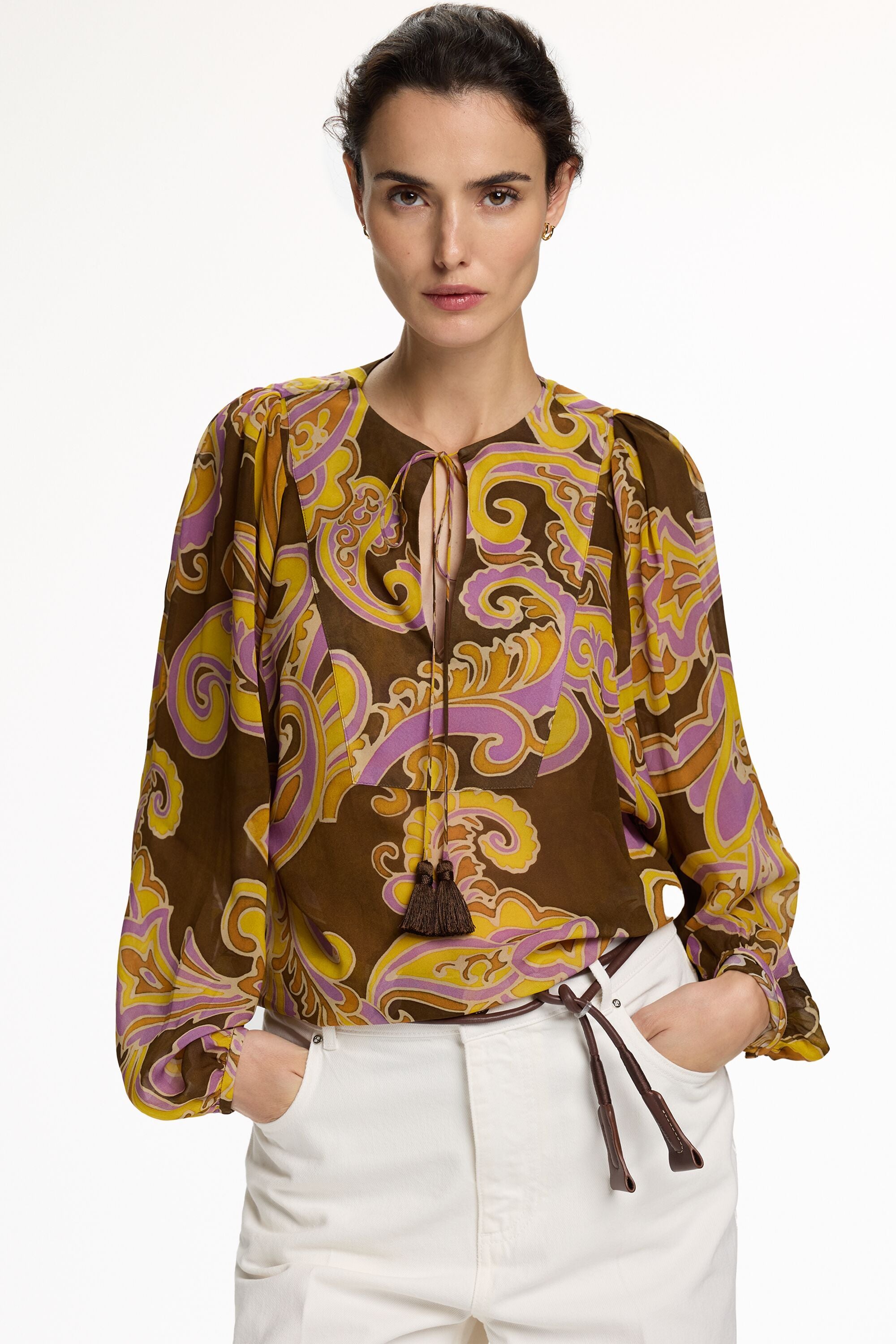 ストレート XS ペイズリー paisley Paisley Print Chiffon Straight-Fit Blouse brown/multicolor - CH