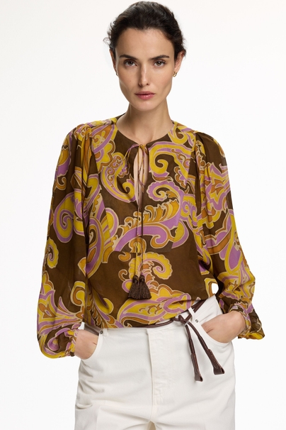 Paisley Print Chiffon Straight-Fit Blouse - BROWN/MULTICOLOR