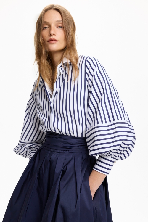 STRIPED POPLIN FITTED SHIRT WITH PUFFED SLEEVES