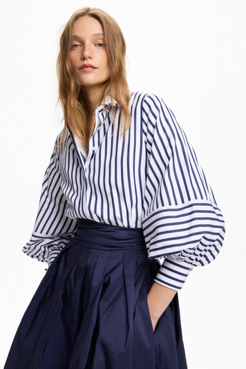 Striped Poplin Fitted Shirt with Puffed Sleeves