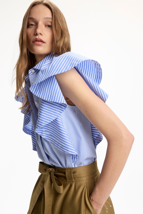 RUFFLED STRIPED POPLIN FITTED SHIRT