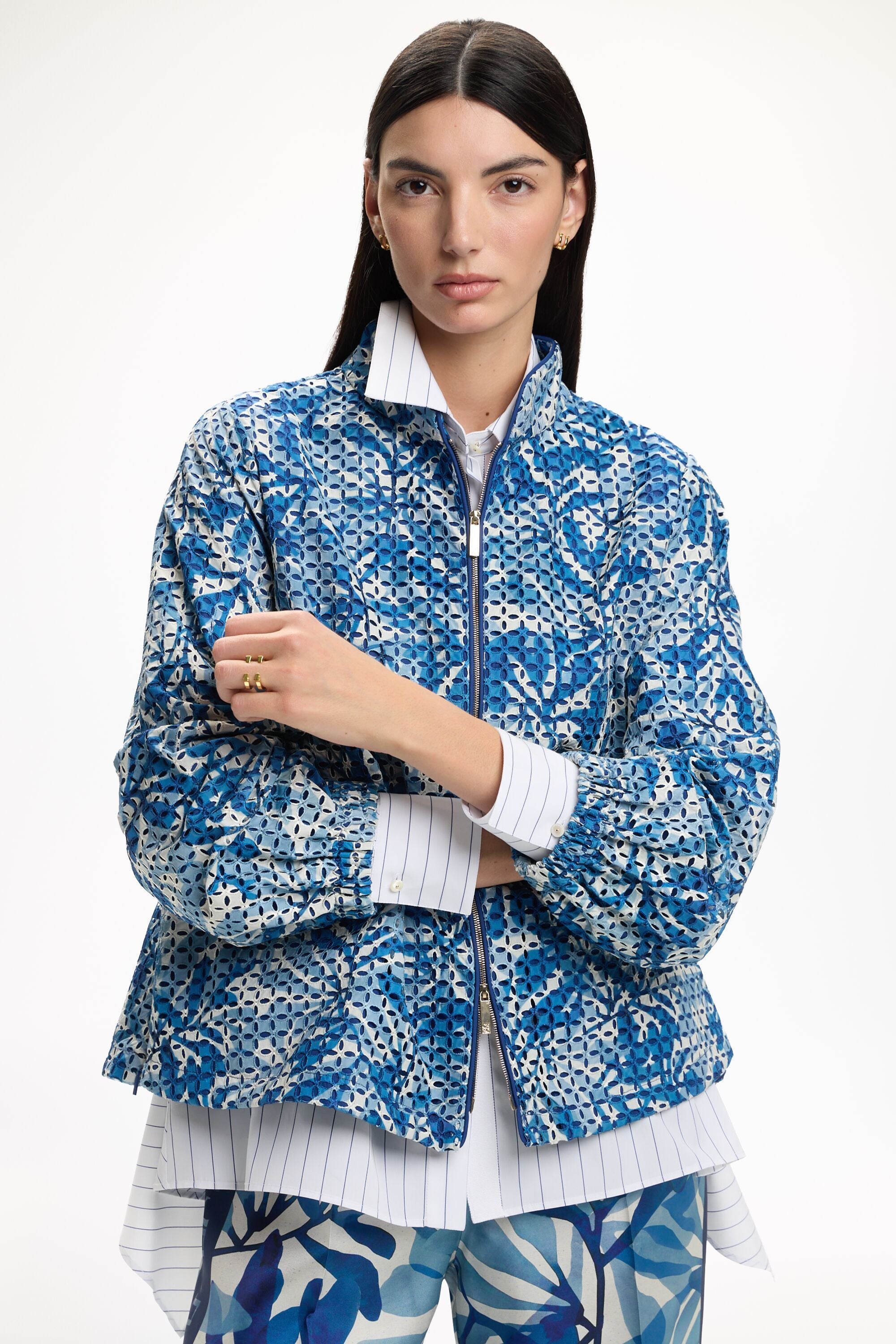 Seaflora Print Cut-Out Embroidered Nylon Jacket blue/ecru - CH
