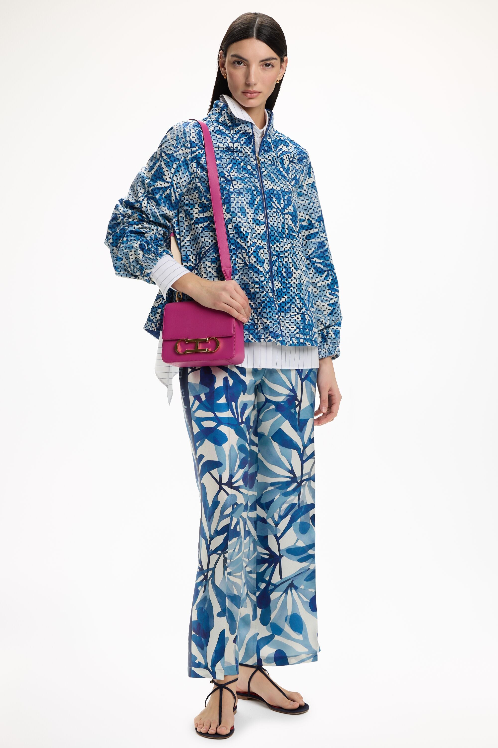 Seaflora Print Cut-Out Embroidered Nylon Jacket blue/ecru - CH