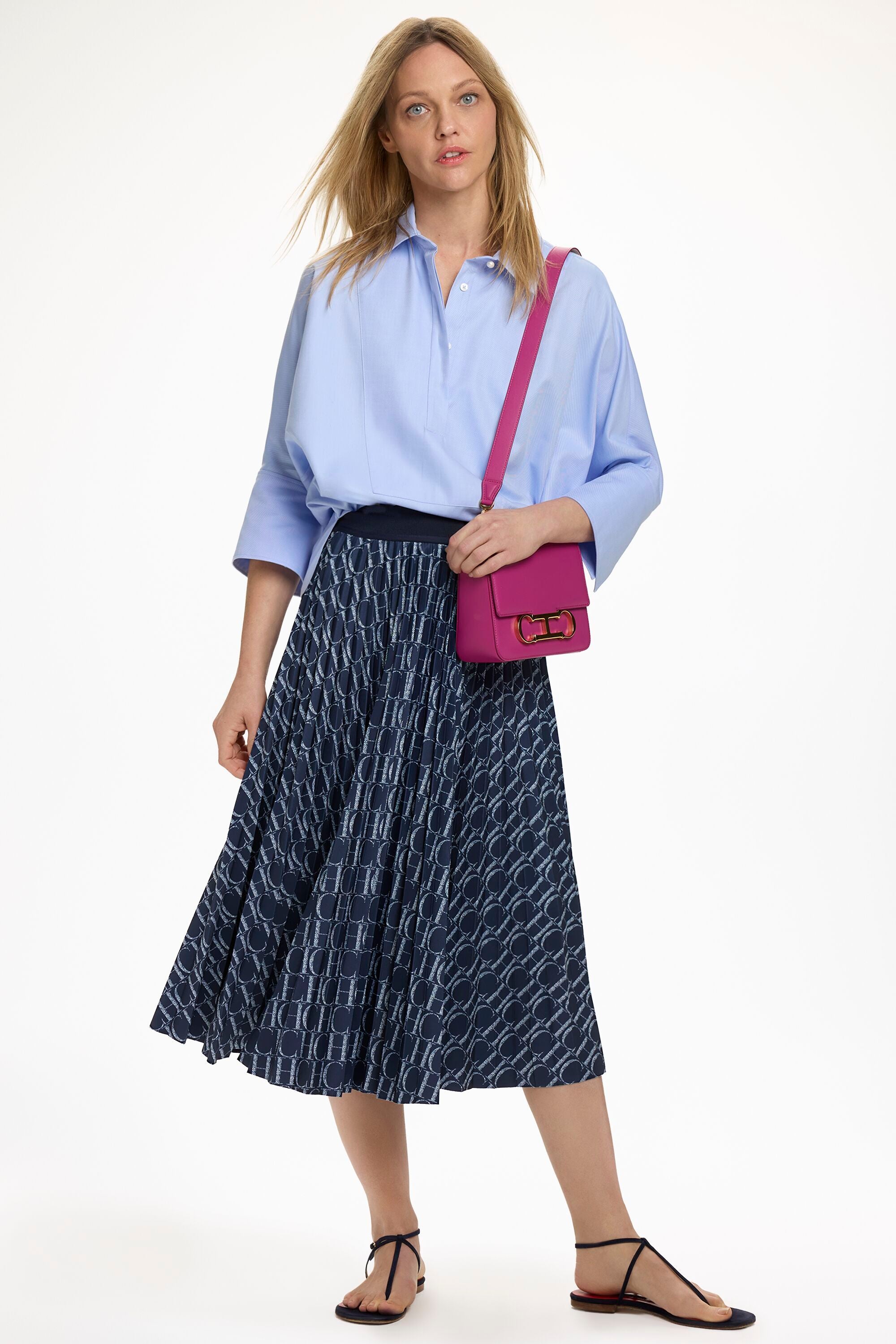CH Print Neoprene Pleated Skirt navy - CH Carolina Herrera United