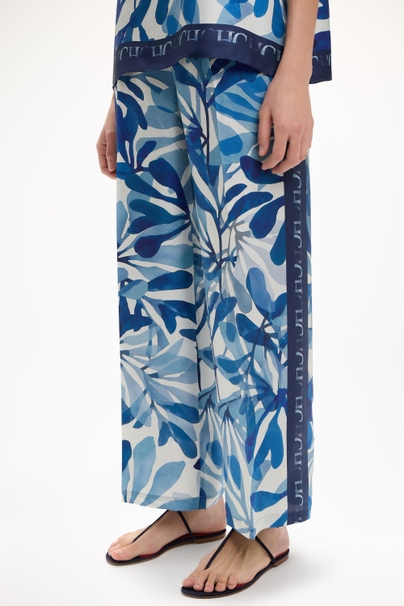 Seaflora Print Silk Twill Pyjama-Style Pants - BLUE/ECRU