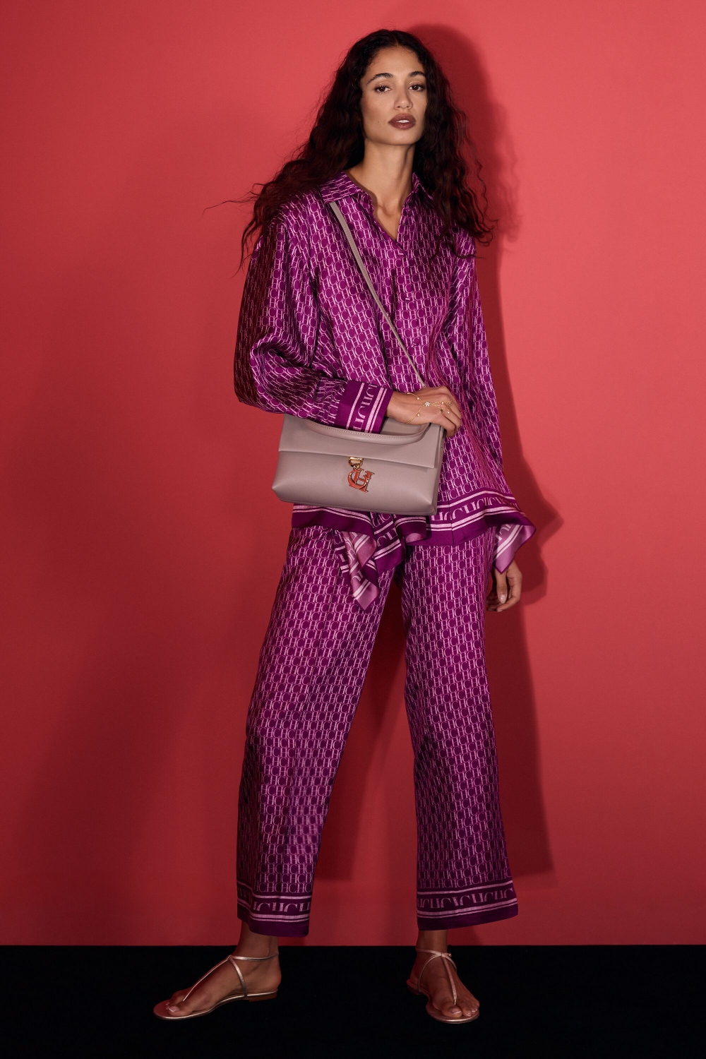 CH PRINT SILK TWILL STRAIGHT-LEG PANTS