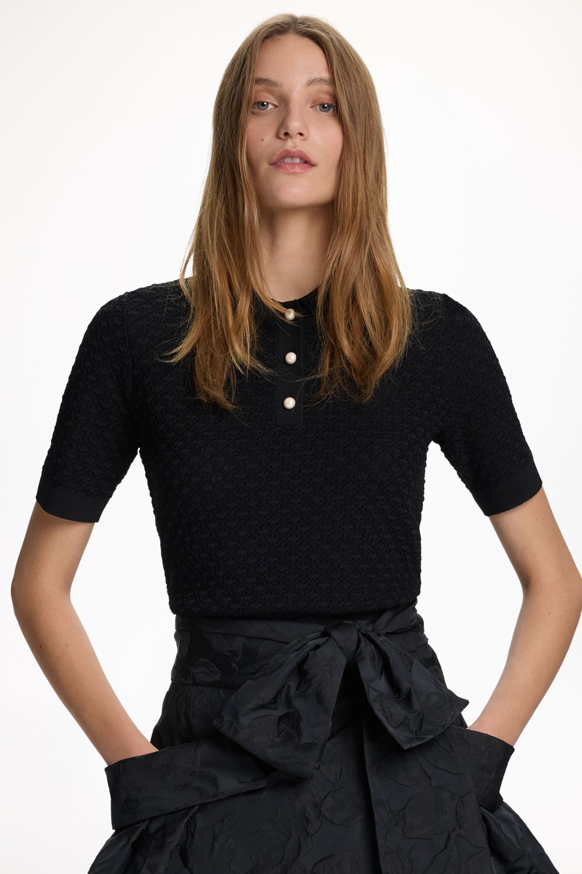 Knit Straight-Fit Polo Shirt with Pearl Buttons