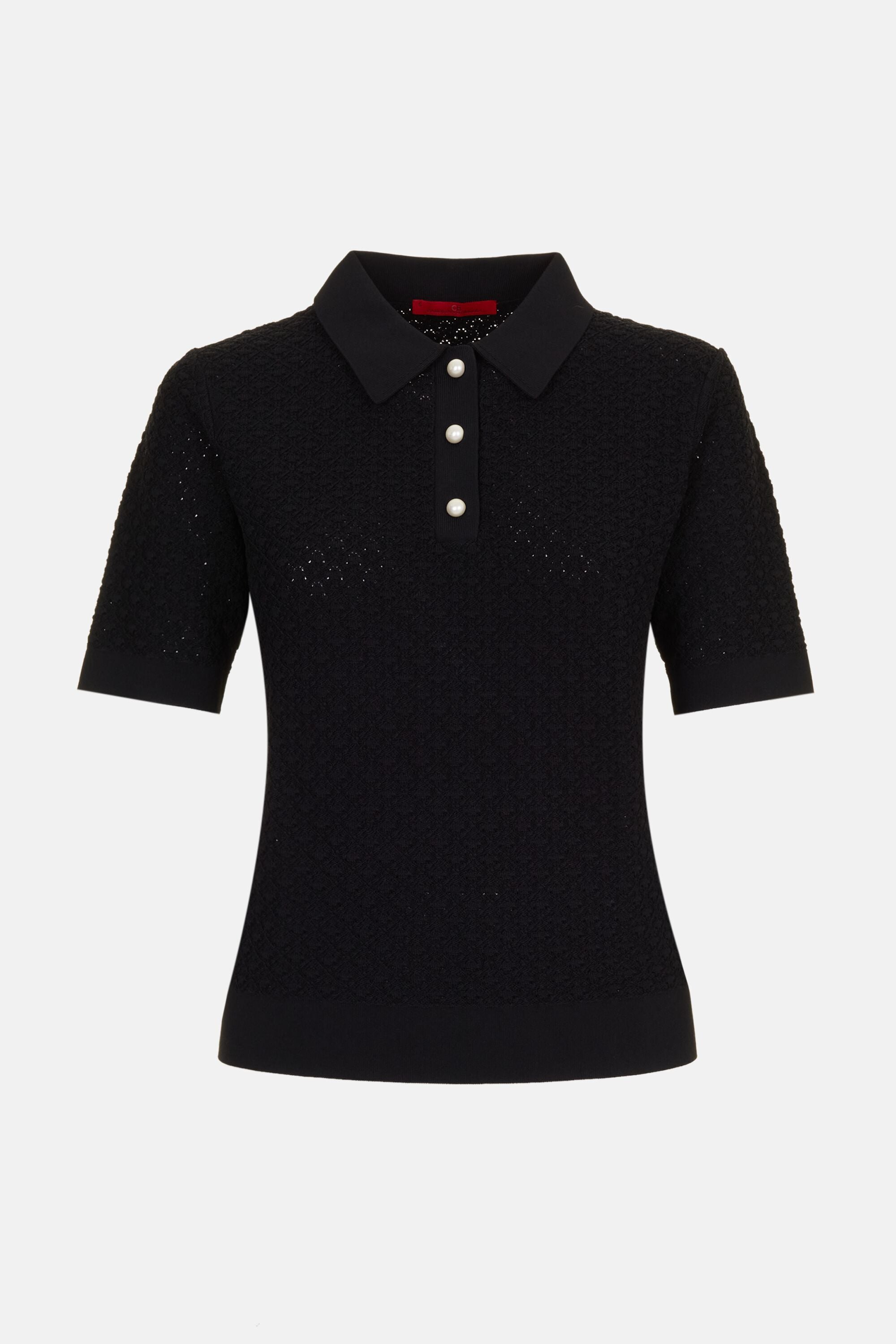 新品未使用 minuere tweed pearl button polo Knit Straight-Fit Polo Shirt with Pearl Buttons black - CH