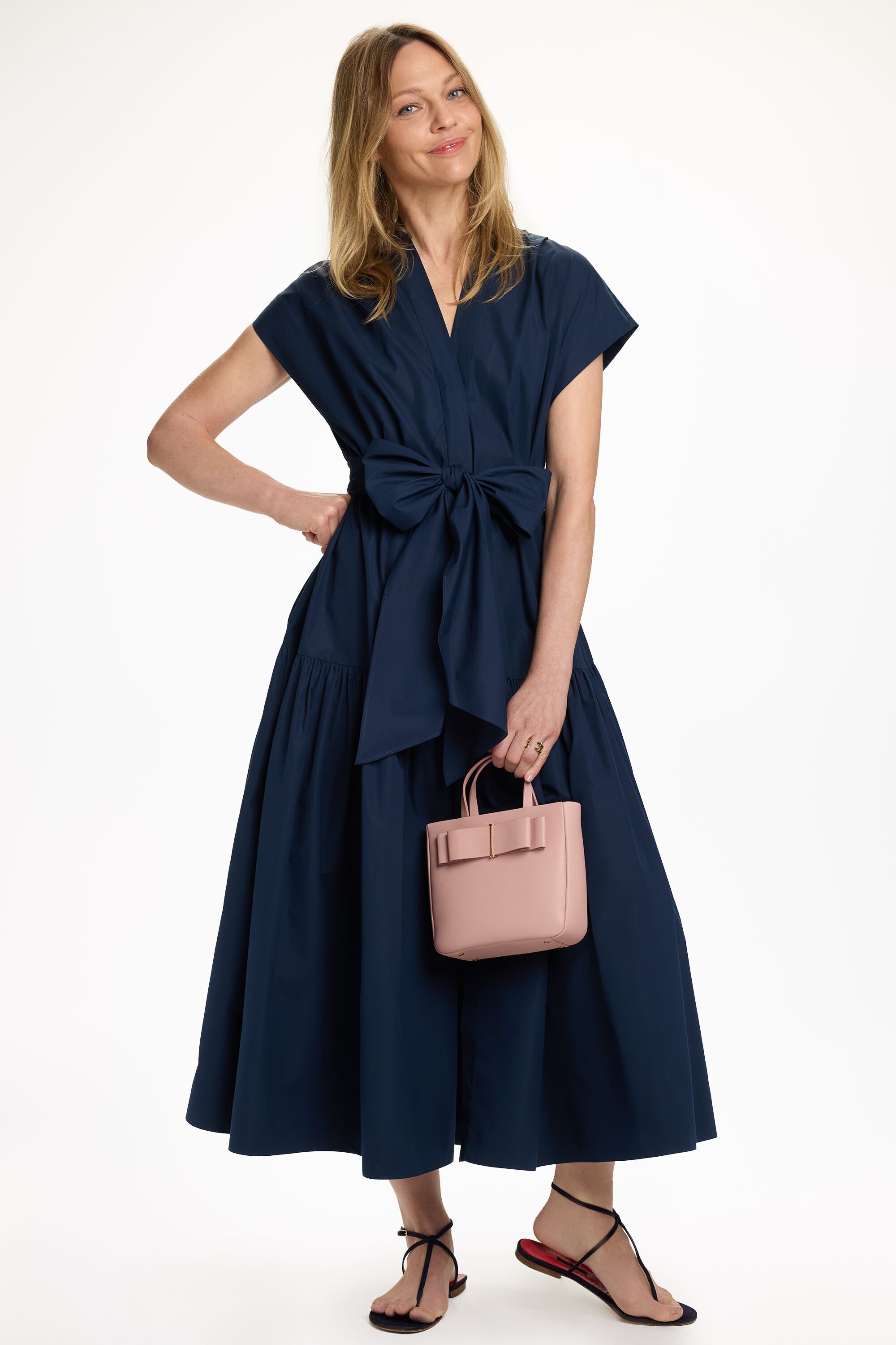 carolina herrera bow midi dress Poplin Midi Dress with Bow navy