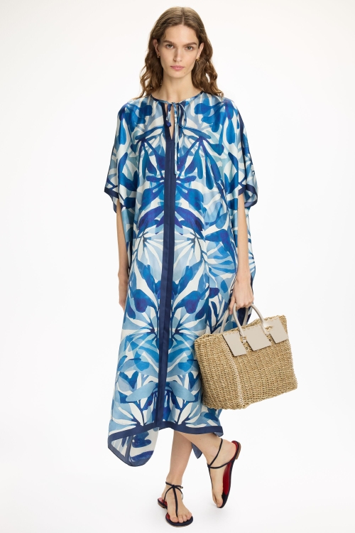 SEAFLORA PRINT SILK TWILL KAFTAN DRESS