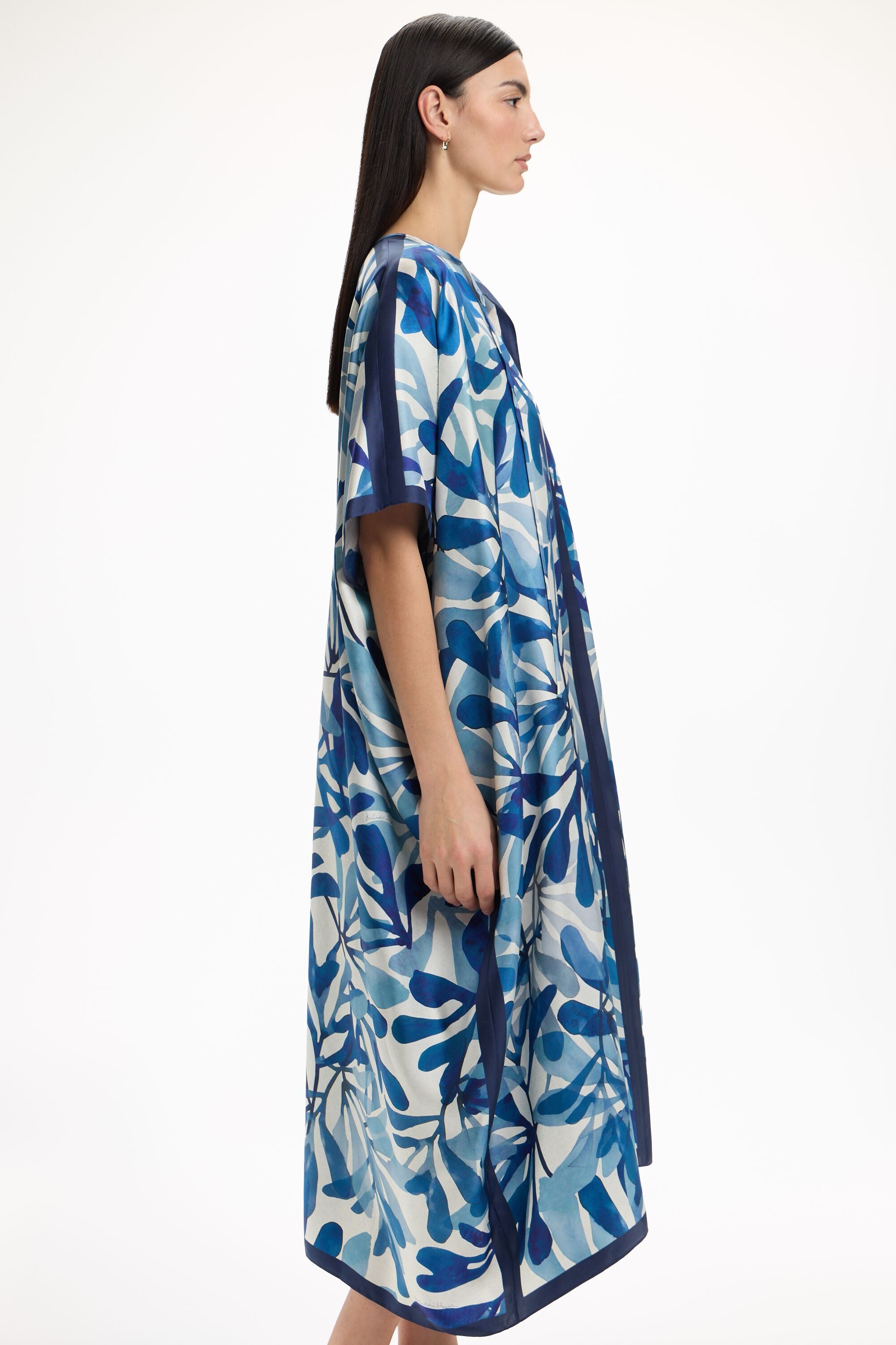 Seaflora Print Silk Twill Kaftan Dress blue/ecru