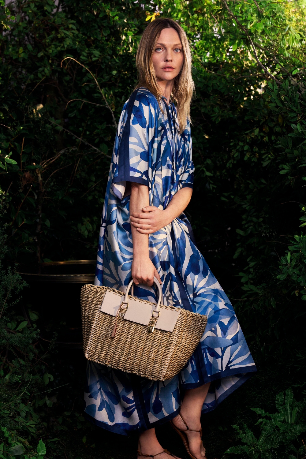 SEAFLORA PRINT SILK TWILL KAFTAN DRESS