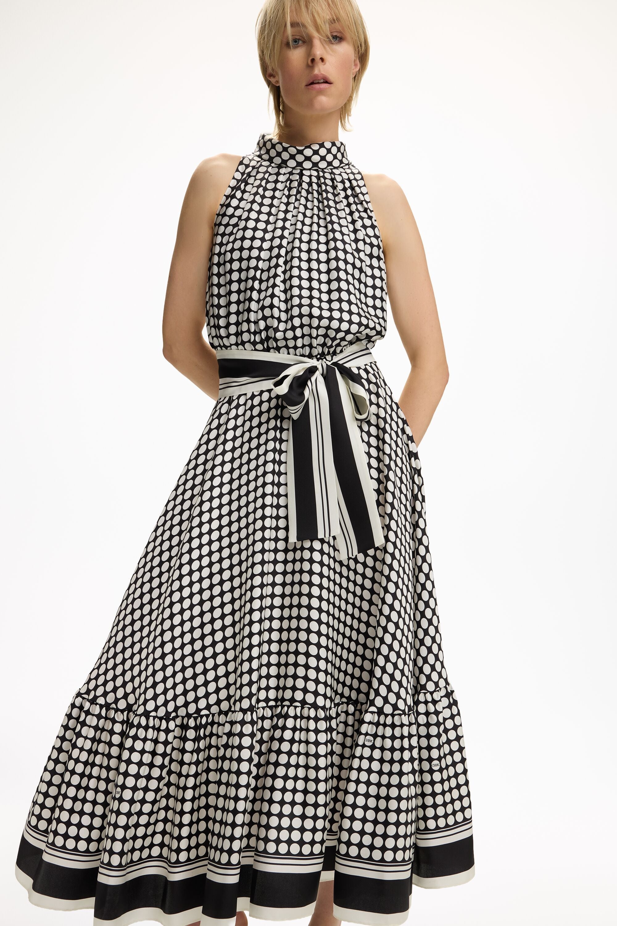 Polka Dots Print Silk Twill Halter Dress black/ivory - CH Carolina