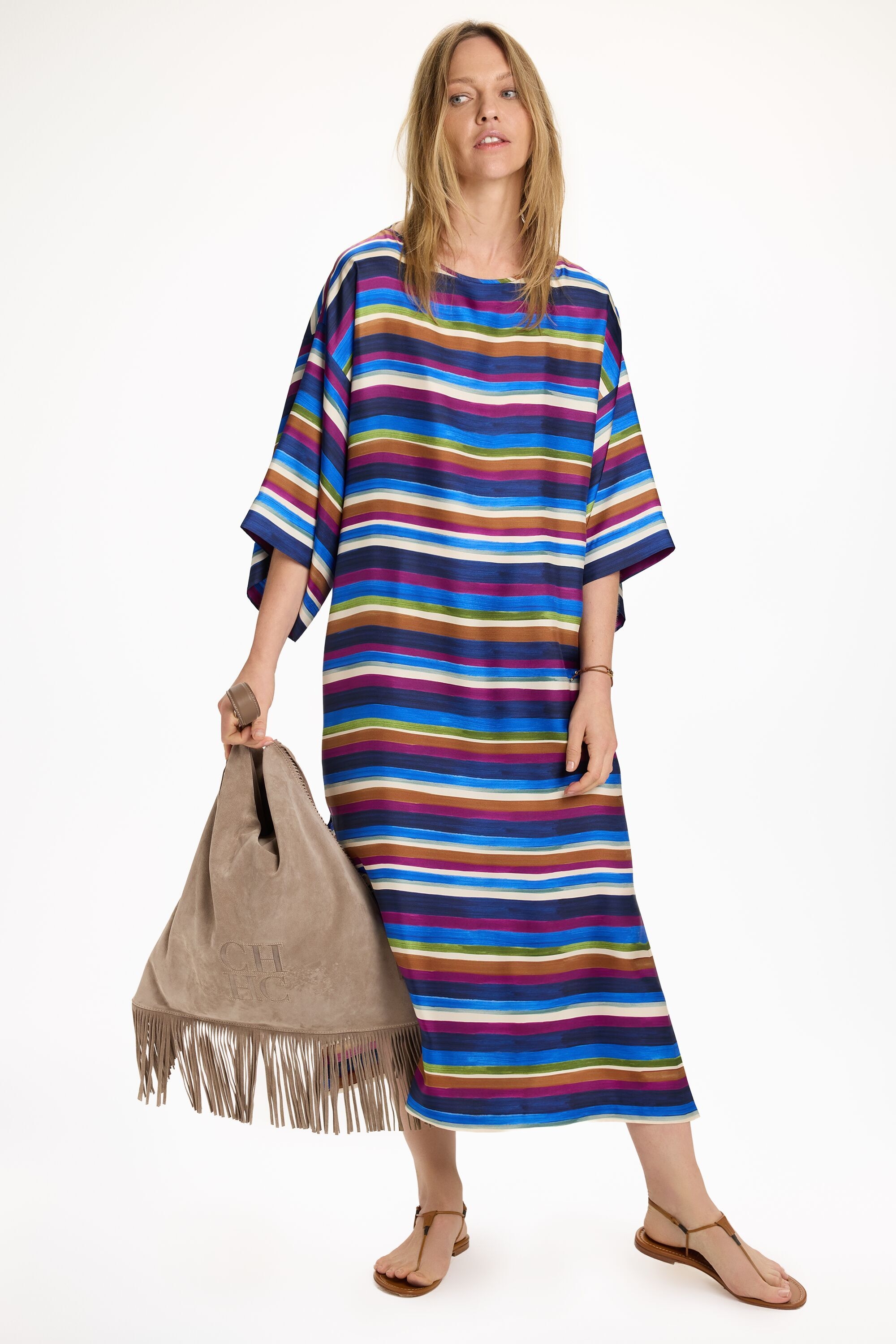 Vestido Caftán de Twill de Seda Estampado Saint Tropez