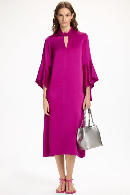 RUFFLED SATIN CREPÉ MIDI DRESS