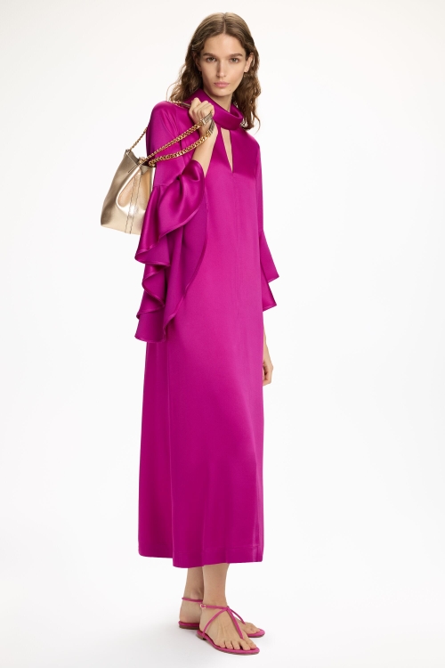 RUFFLED SATIN CREPÉ MIDI DRESS