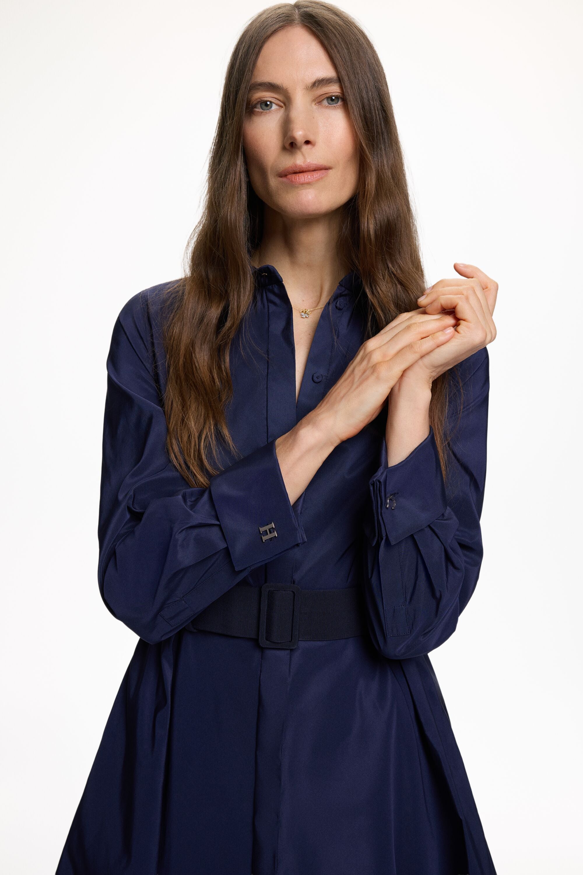 Cufflink-Detailed Taffeta Shirt Dress navy - CH Carolina Herrera
