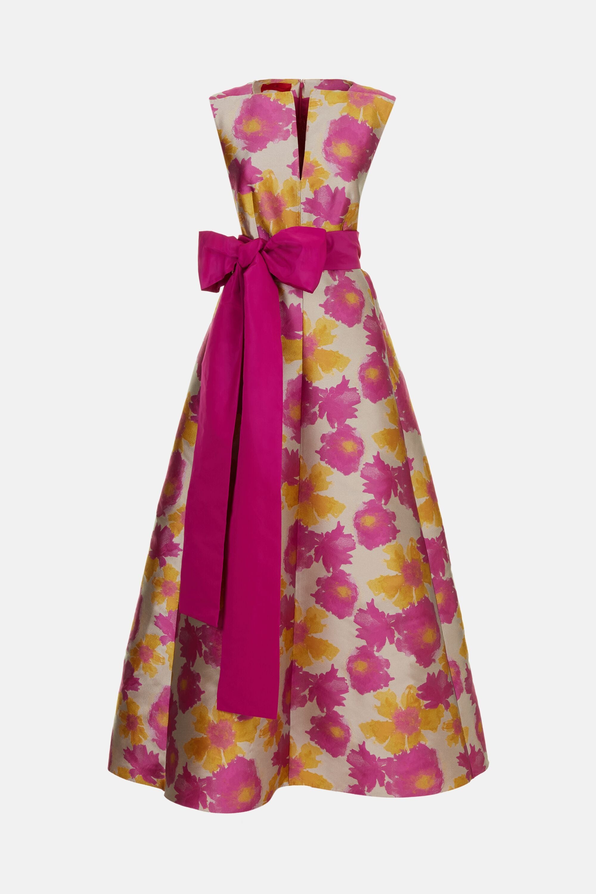 knee length dresses for ladies Yellow & Pink Tropical Floral Print Rayon Flared Midi Dress | Summer Beach  One-Piece – Pavya main image 1