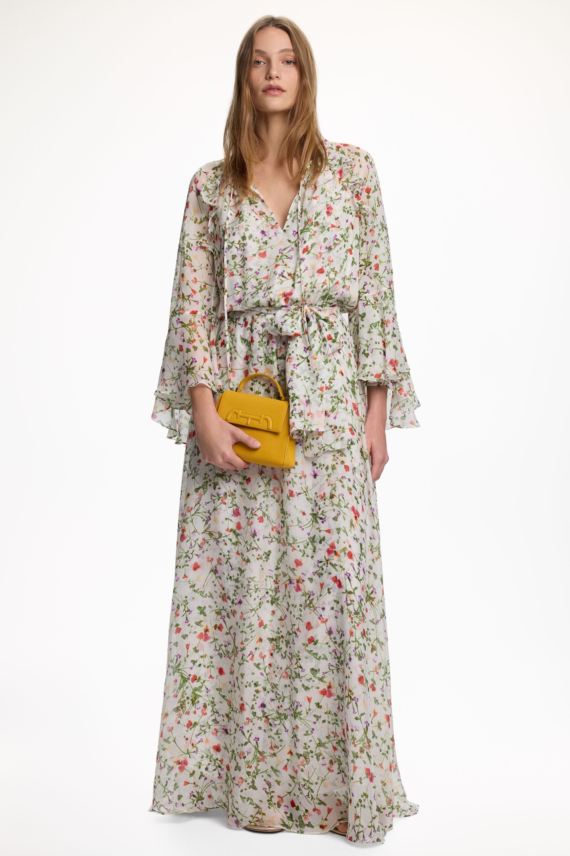 Vestido Largo Evasé de Chiffon de Seda Estampado