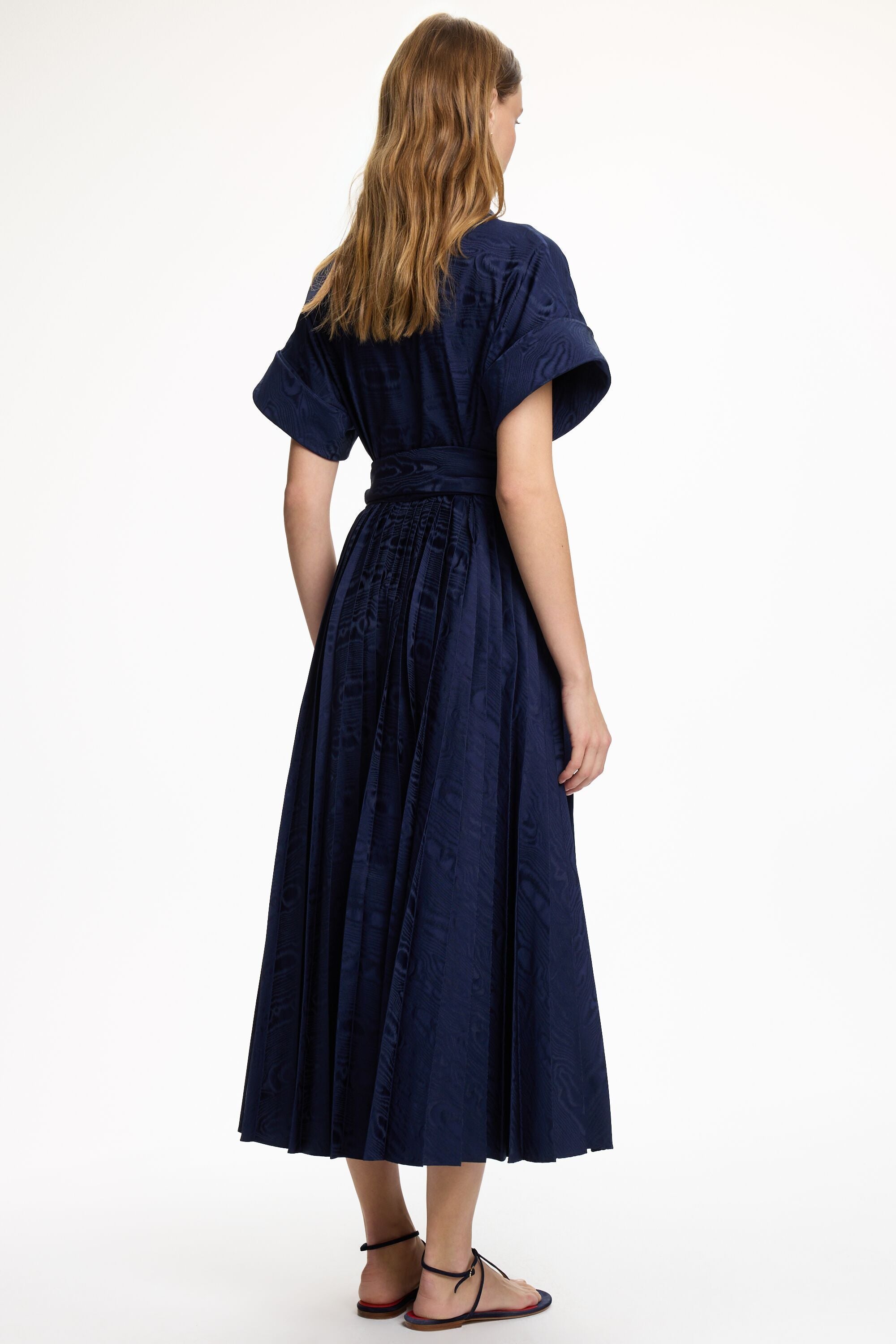 knee length dresses for ladies Navy Puff Sleeve Belted Midi Shirt Dress Mac Duggal main image 1