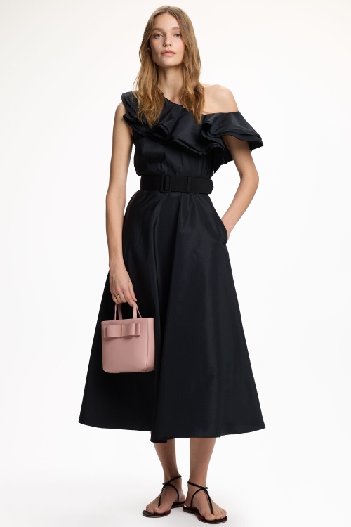 TAFFETA MIDI DRESS WITH ASYMMETRIC RUFFLES
