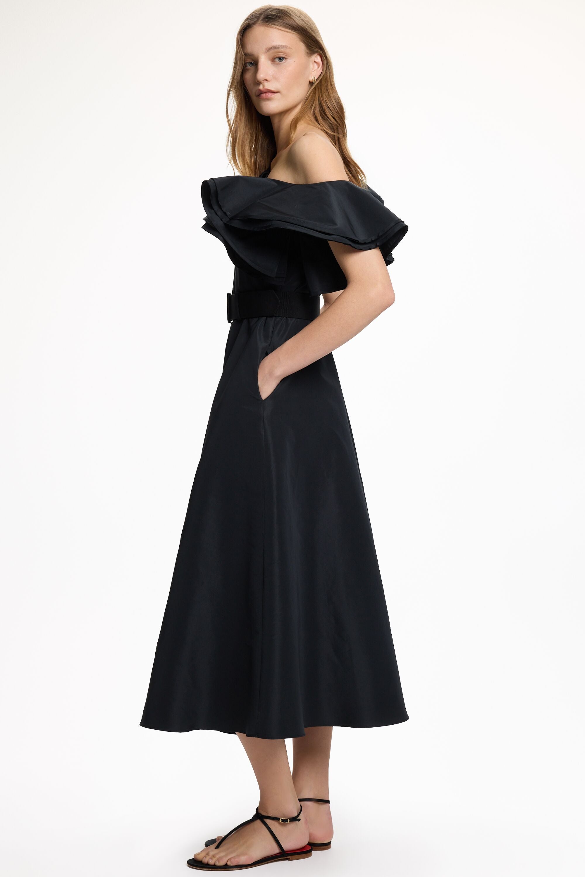 blue dress for baby girl When In Rome Black Asymmetric Ruffle Midi Dress – Club L London main image 1