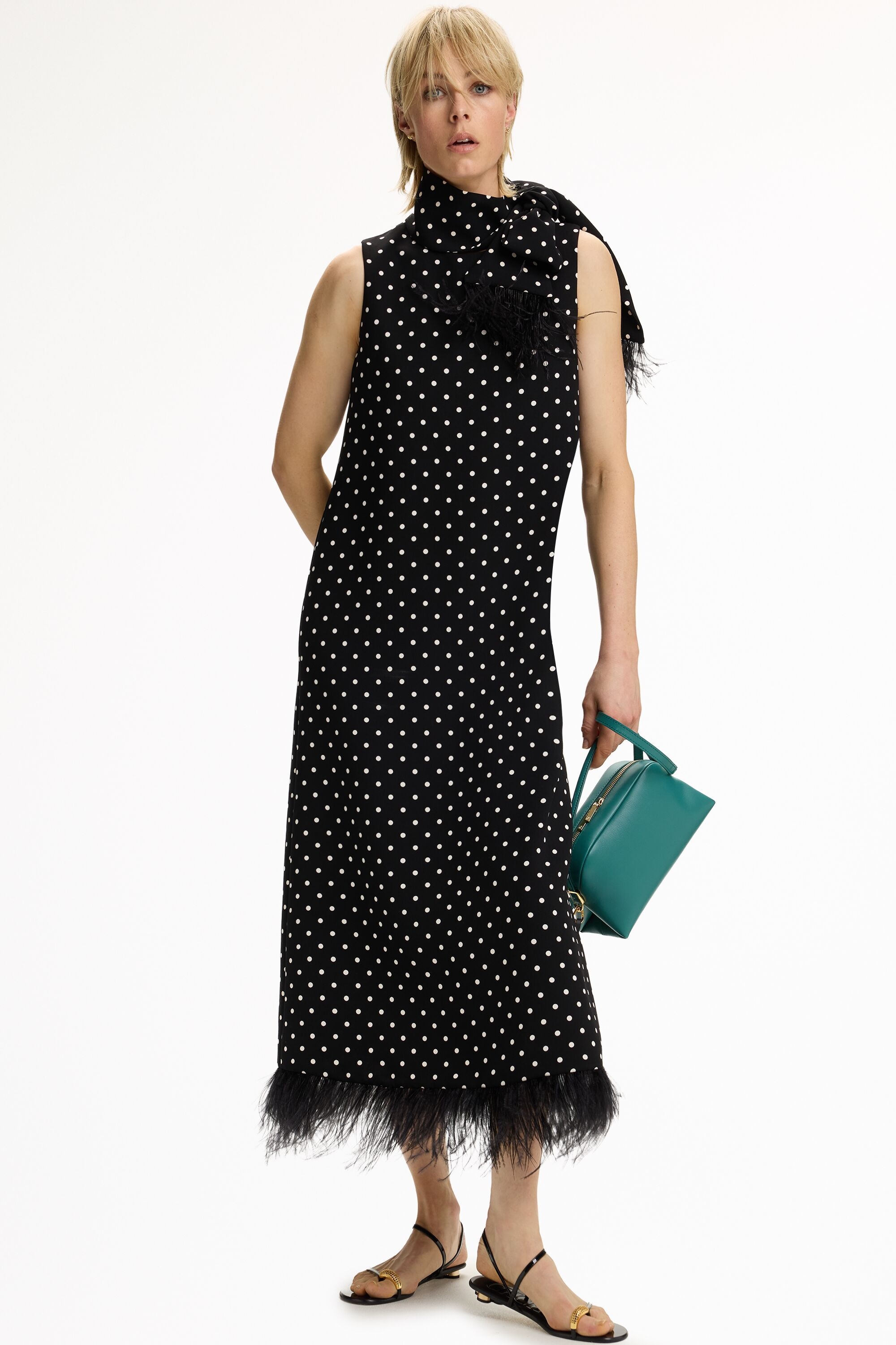 Polka Dots Crepé A-Line Dress with Feathers