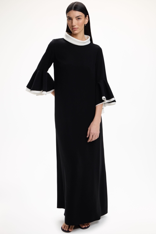 CREPÉ A-LINE LONG DRESS WITH RUFFLES