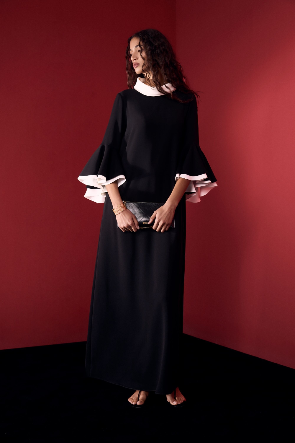 CREPÉ A-LINE LONG DRESS WITH RUFFLES