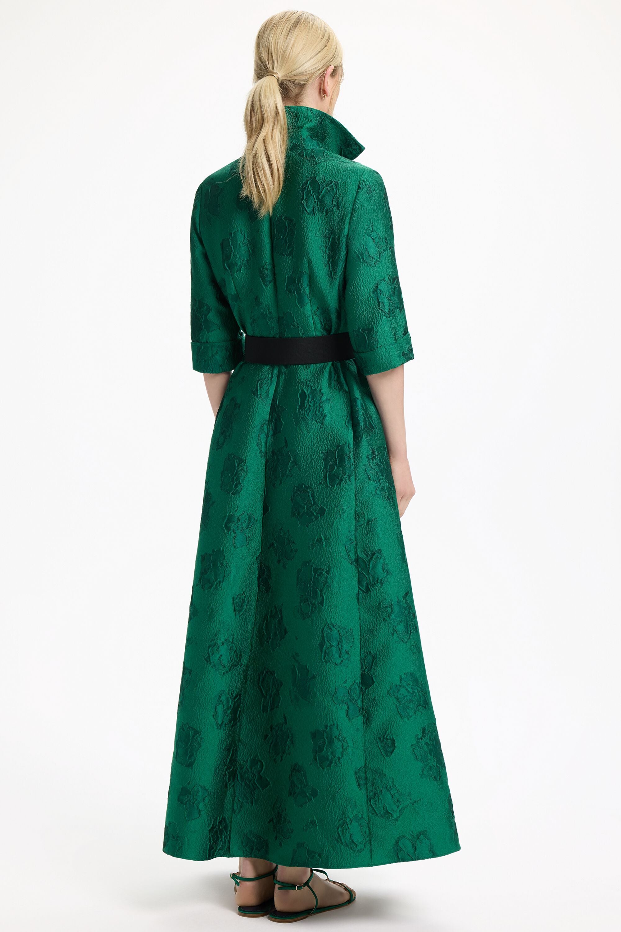 sachin and babi light blue dress 490-3 SUSAN Long brocade dress with a neckline and stitching at the waist -  green