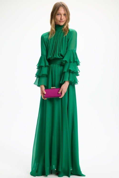 RUFFLED SILK CHIFFON LONG DRESS