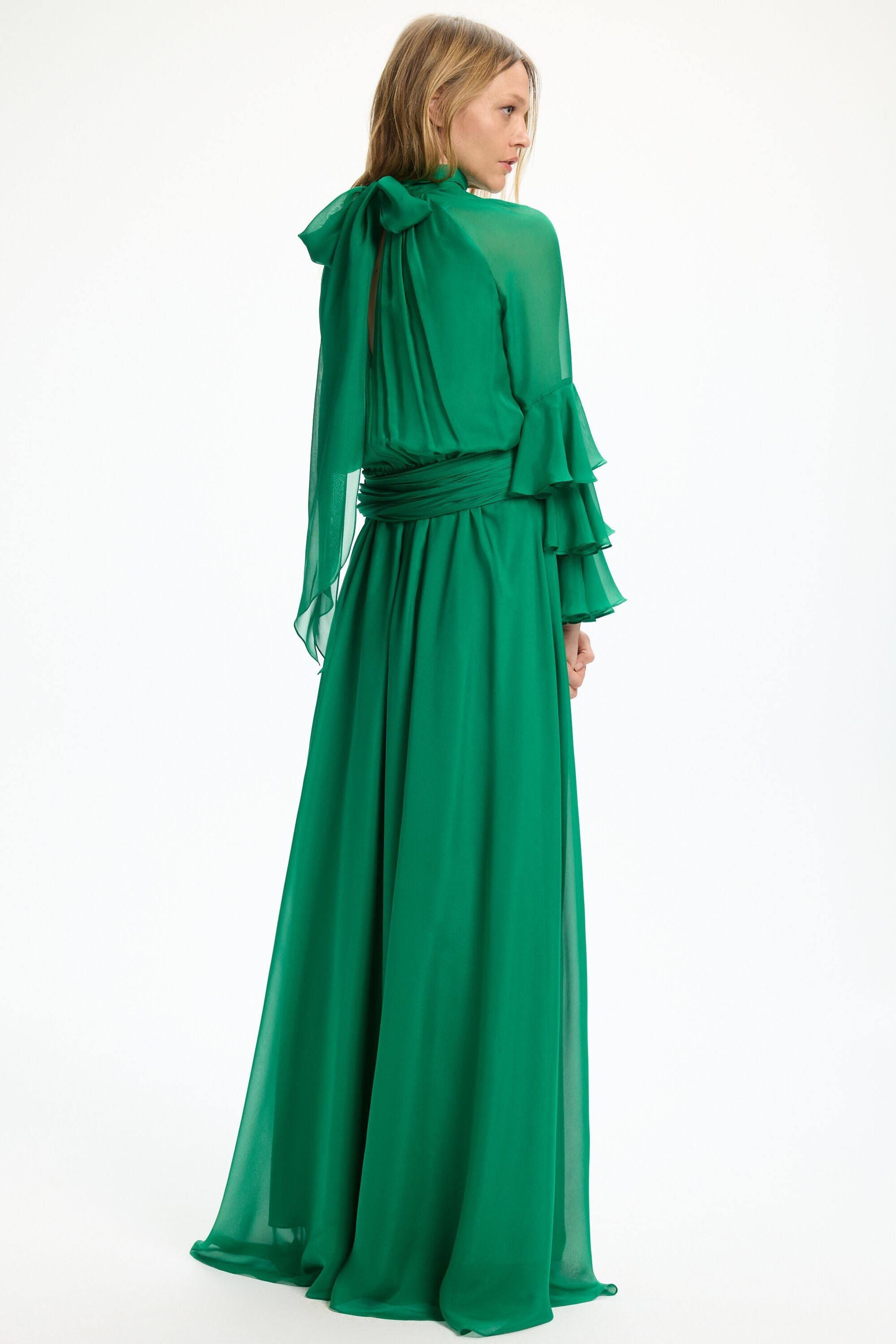 knee length dresses for ladies Nuichan women's chiffon maxi dress, long sleeve floral dress in green main image 1