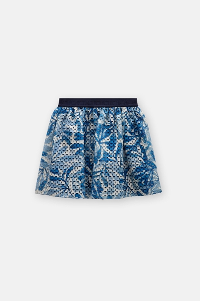 Seaflora Print Cut-Out Embroidered Nylon Skirt - BLUE/ECRU