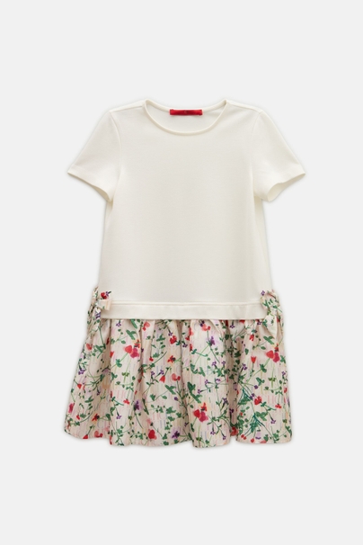 Knit and Secret Garden Print Twill A-Line Dress - ECRU/MULTICOLOUR