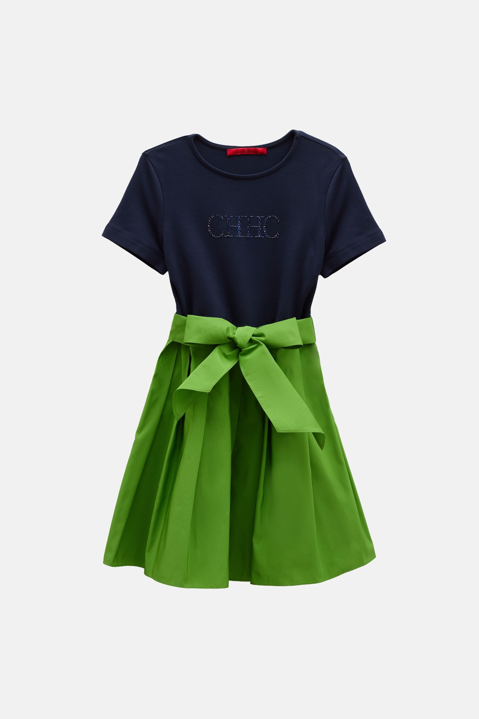 CH Knit and Taffeta Dress - NAVY/GREEN