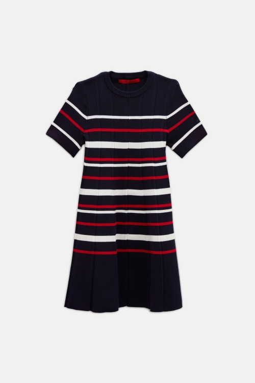 STRIPED PLEATED KNIT DRESS