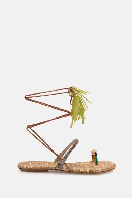 CHARAMBA LEATHER AND FABRIC FLAT SANDALS