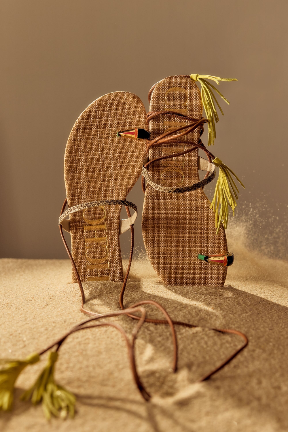 CHARAMBA LEATHER AND FABRIC FLAT SANDALS