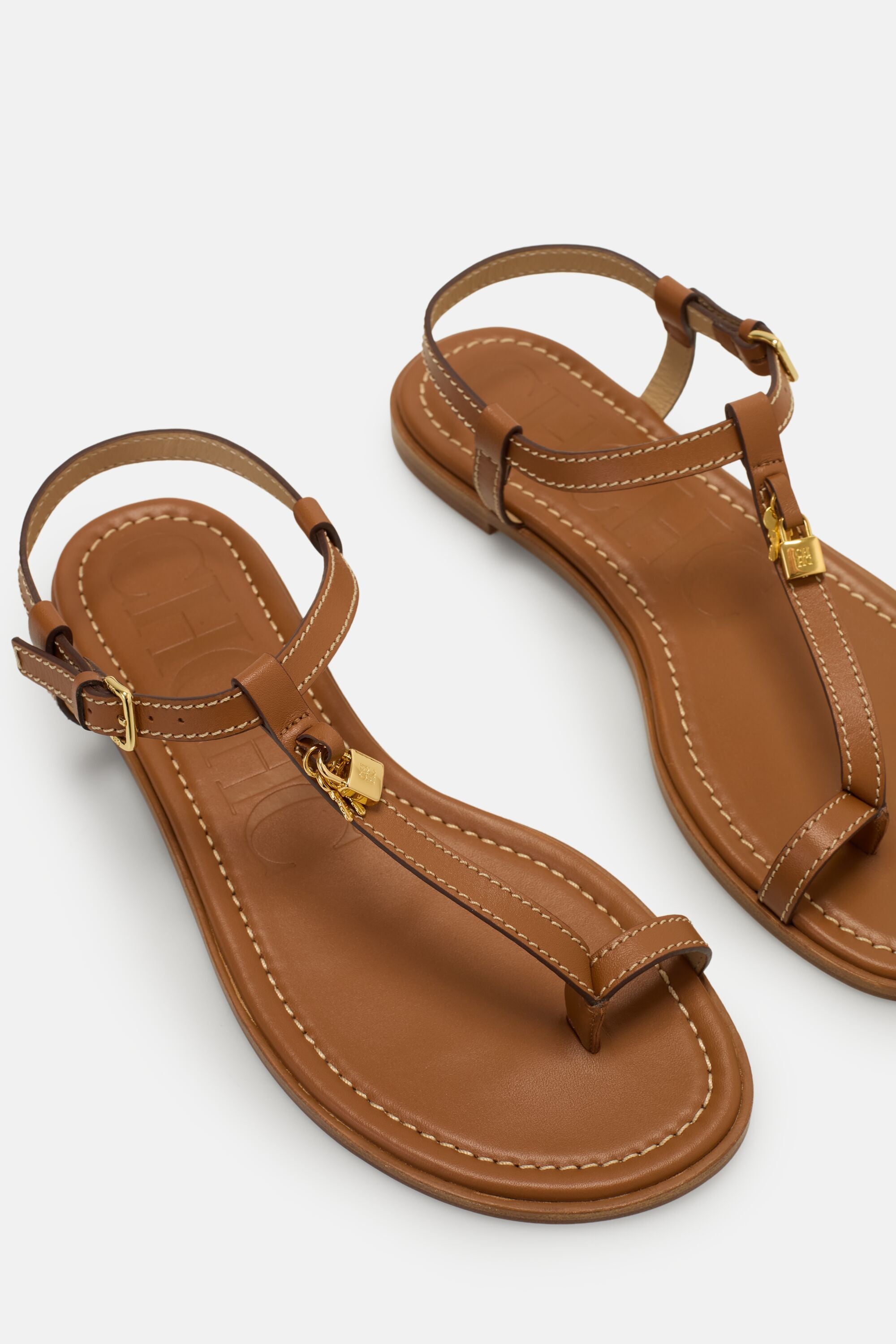 Matryoshka Locked Leather Flat Sandals cognac - CH Carolina