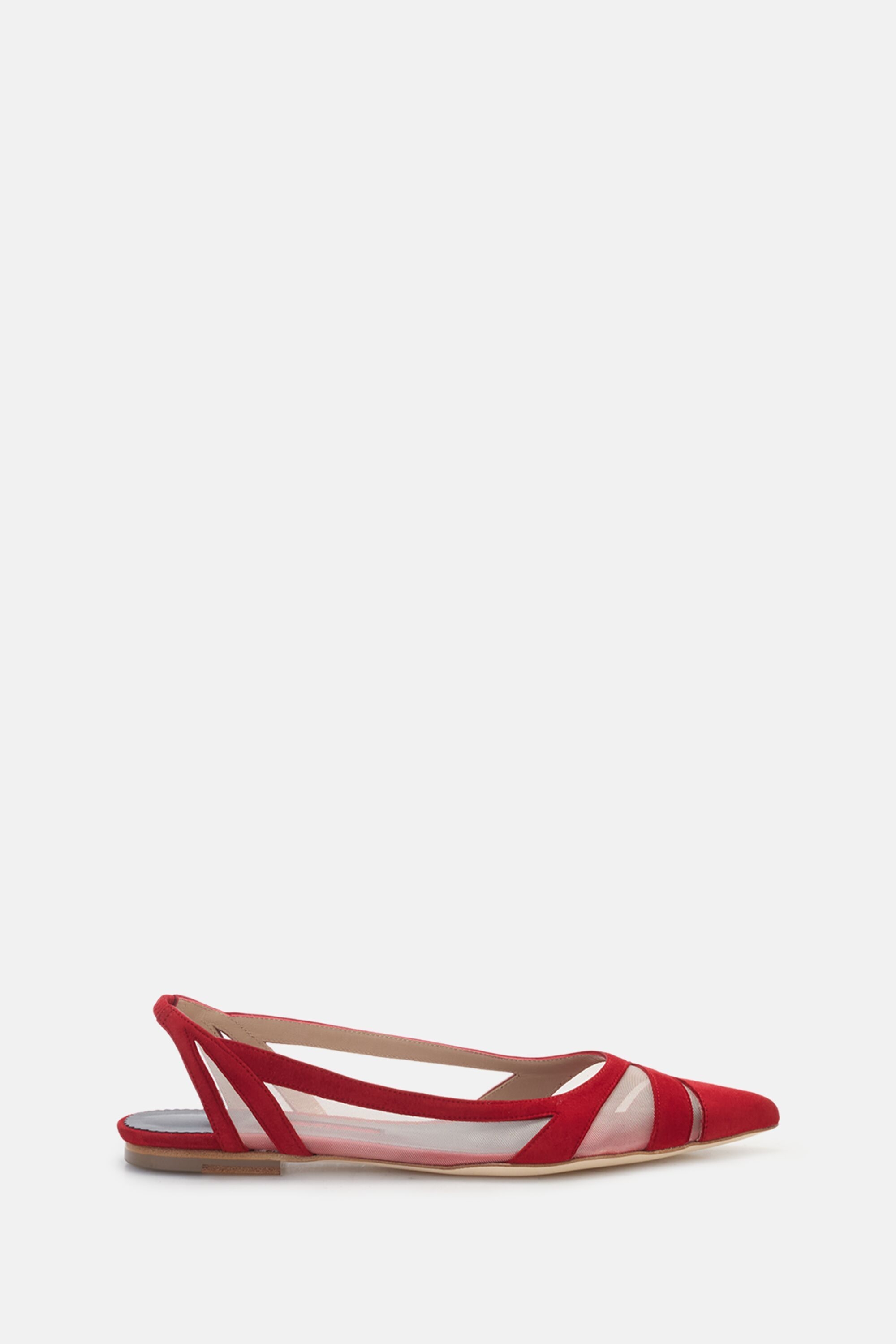 Leather and Fabric Slingback Flats - RED