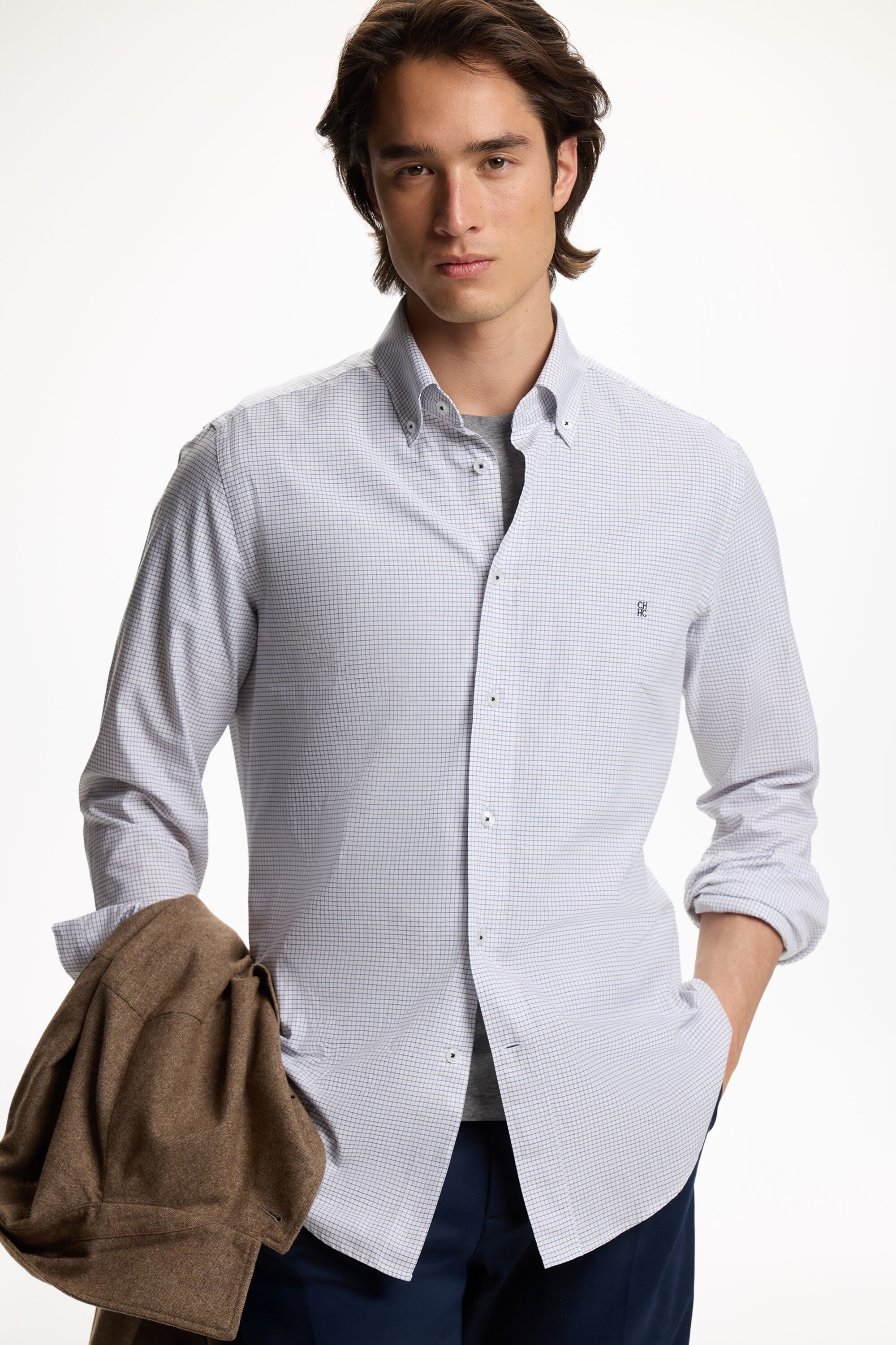 Micro-Checked Pinpoint Shirt - BROWN/BLUE/WHITE