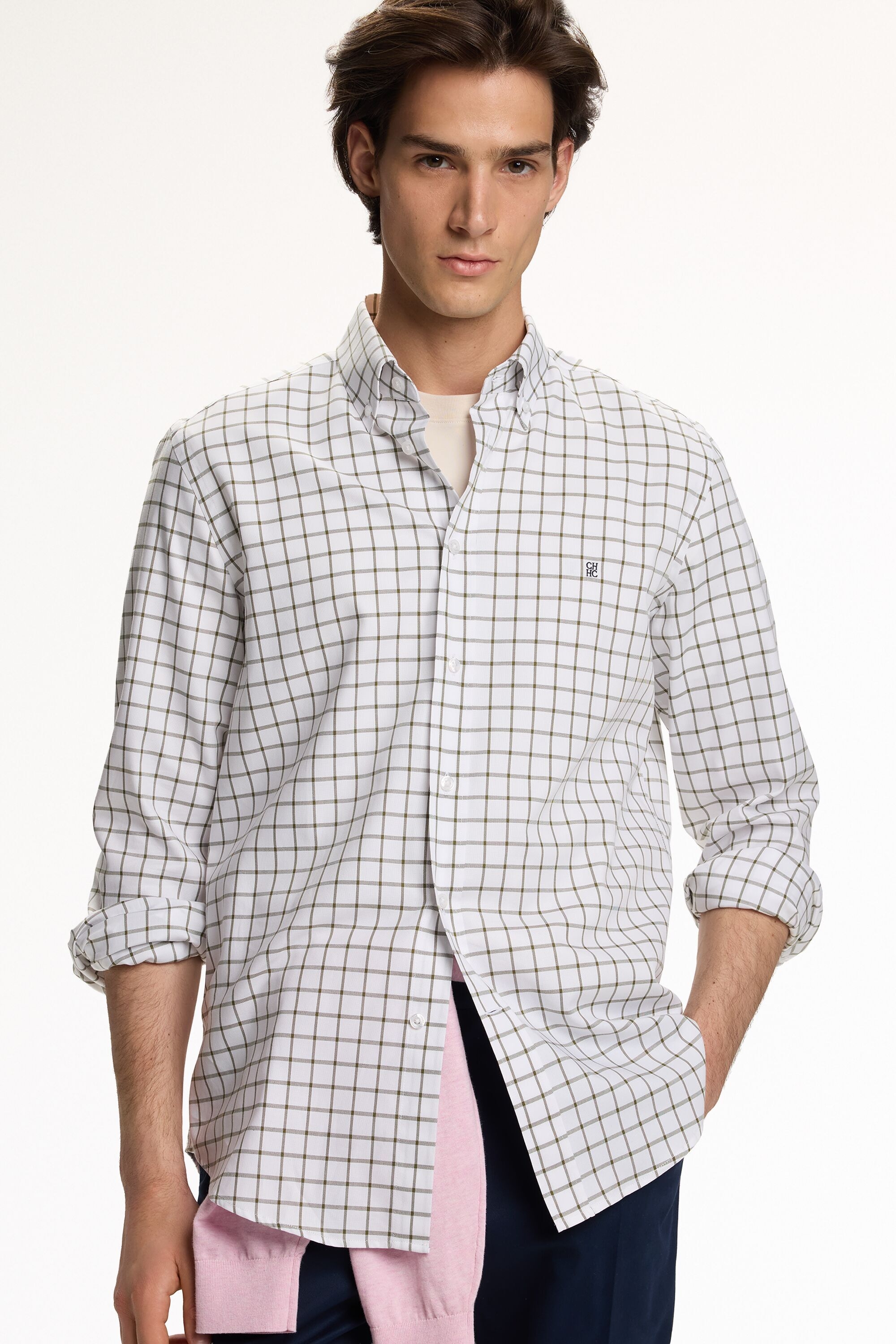 Windowpane Check Oxford Shirt - KHAKI/WHITE