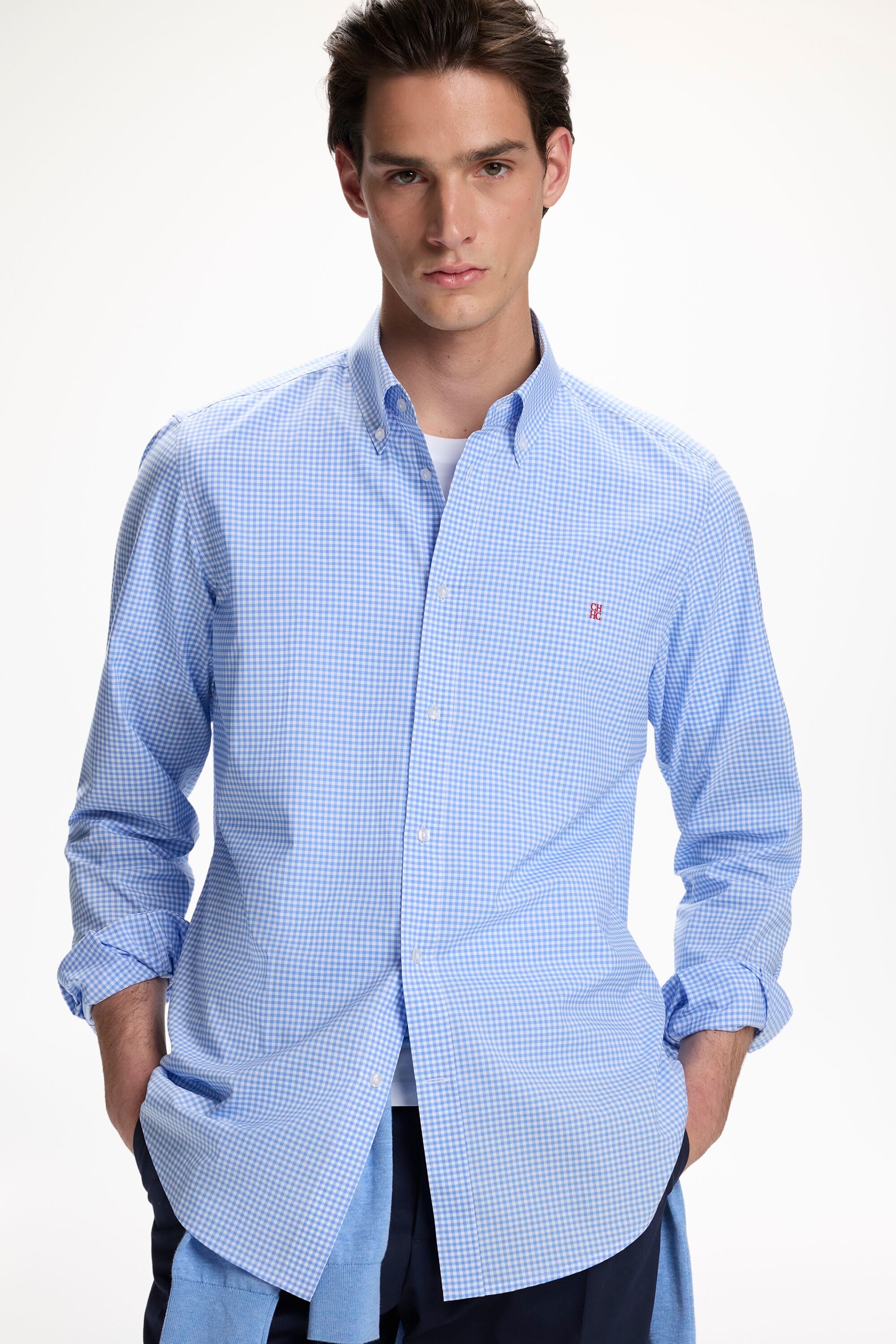 Gingham Check Poplin Shirt - SKY BLUE/WHITE