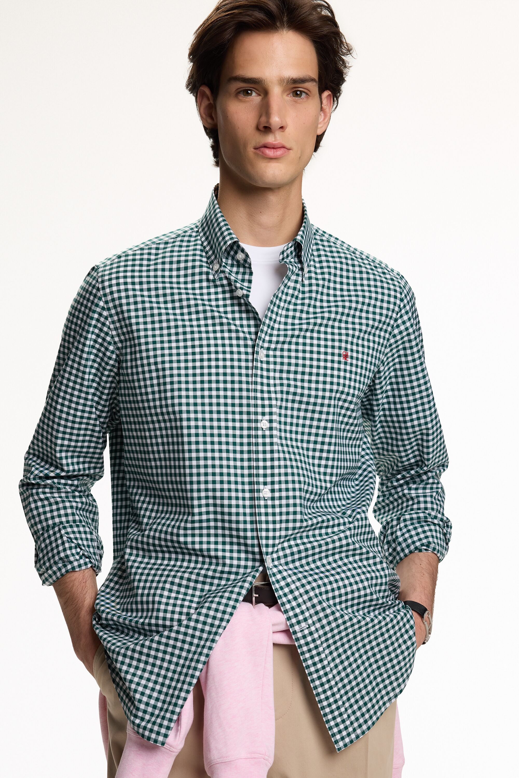 Gingham Check Poplin Shirt - GREEN/WHITE