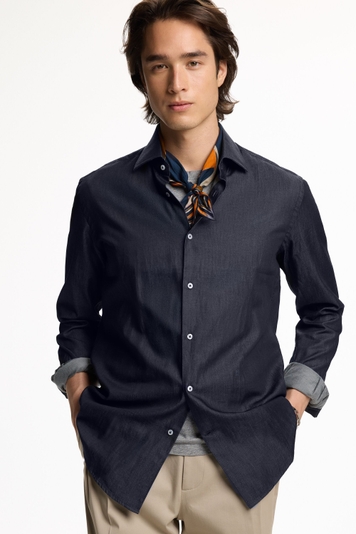 Denim Shirt with Spread Collar