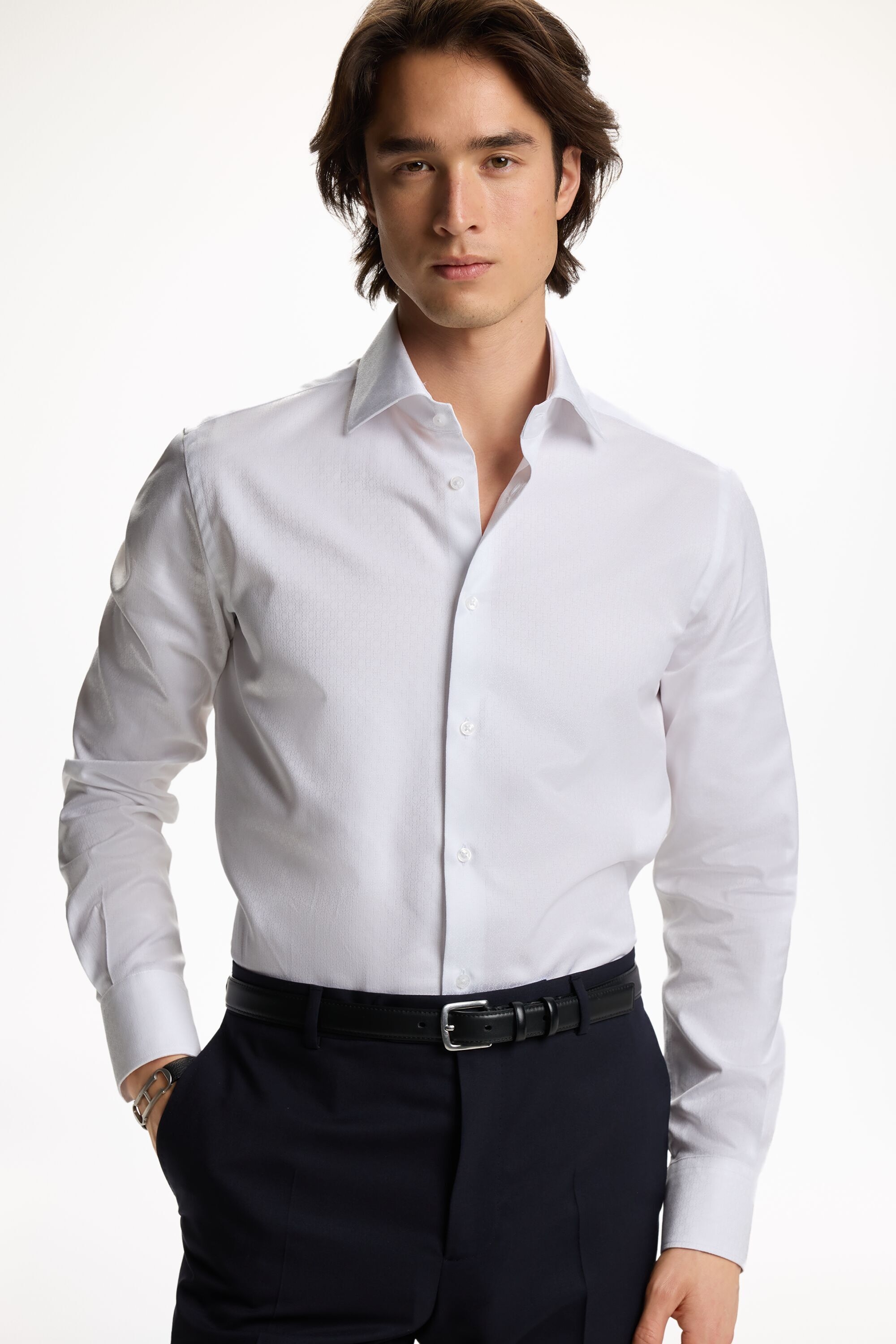 Camisa de Jacquard CH con Cuello Italiano - BLANCO